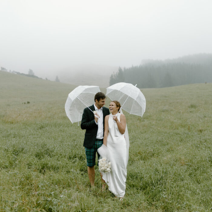 A bride and groom standing in a grassy field with umbrellas