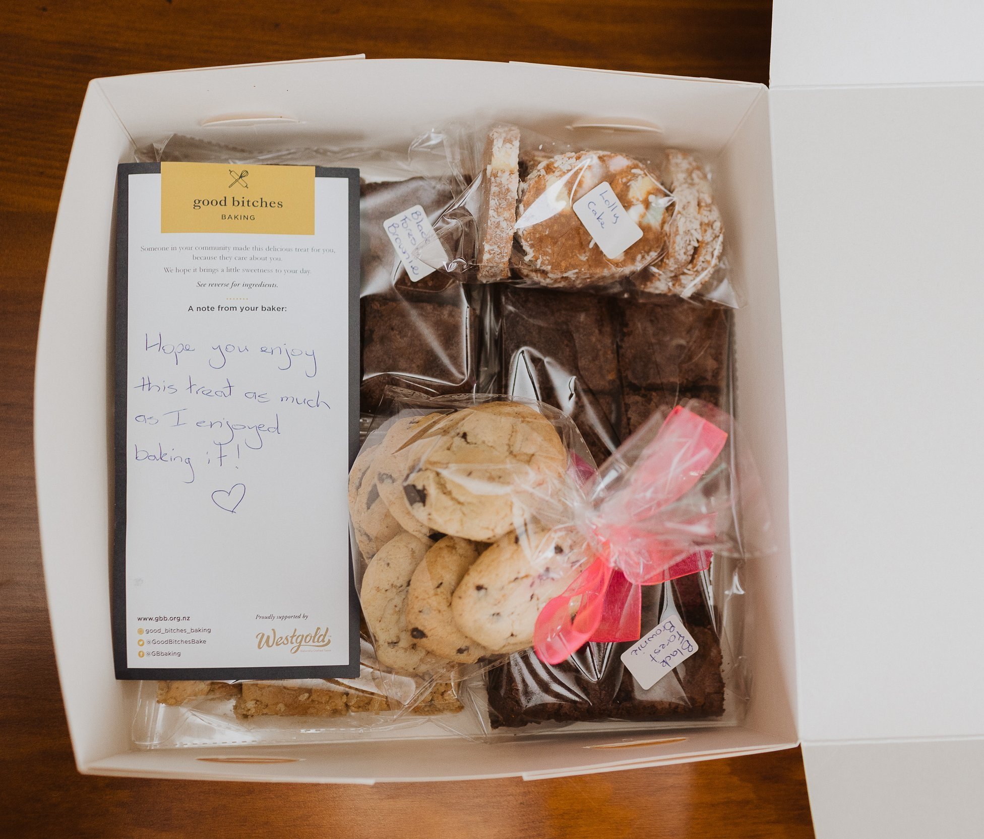 Each box of baked goods is accompanied with a personalised note. "We are doing something we love, and to know it's done immeasurable goodness in someone's life - well, there you go."