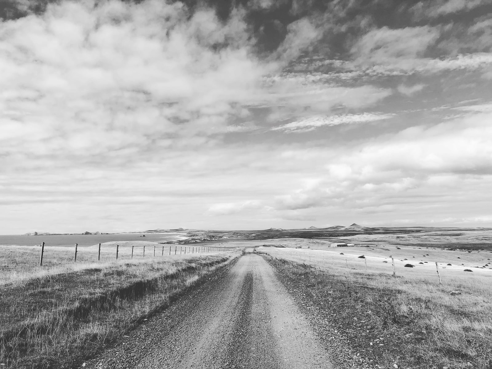 B&W image of a road on the Chatham Islands.
