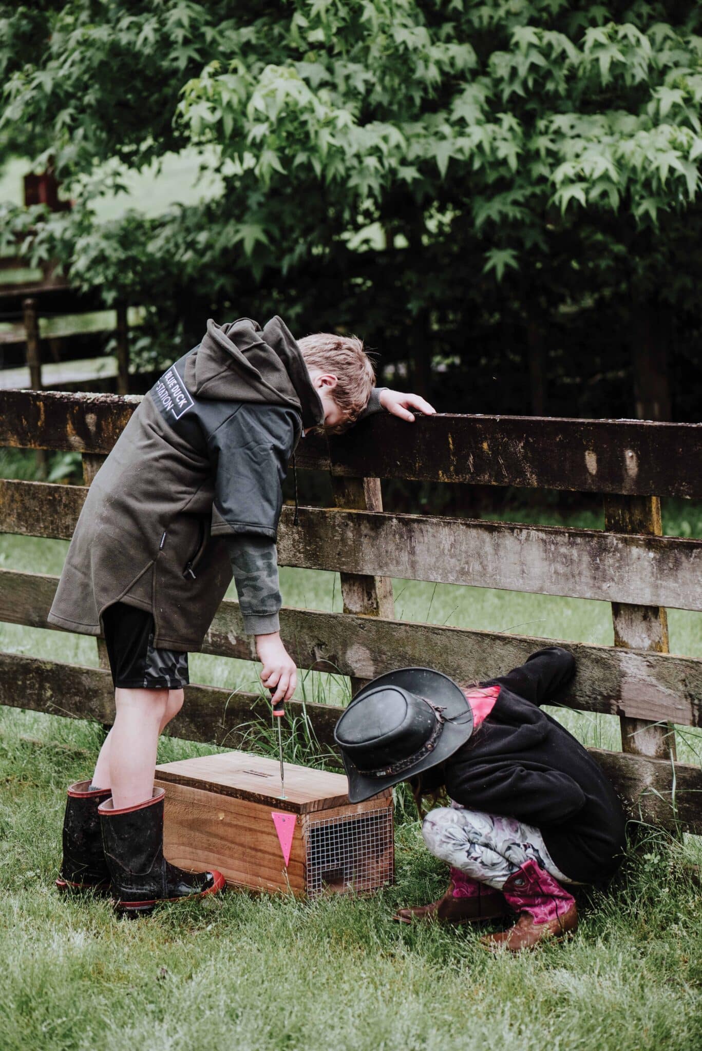 Blue and Snow checking a trap. “The kids do run their own traplines that they check monthly in the winter months and weekly
from spring onwards – when our native birds are breeding and nesting and need extra support in the fight against introduced pests,” Sandy says.