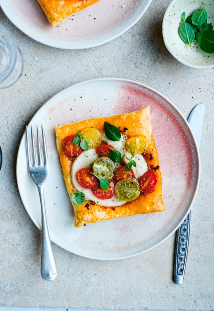 Caprese tart on a white plate