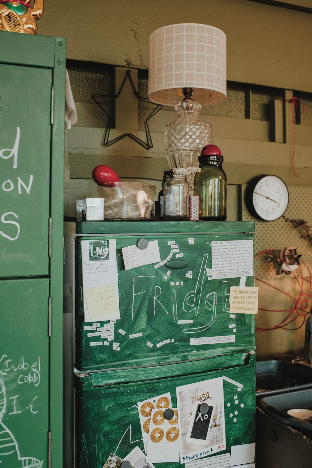 Fleur’s studio fridge. “The magnets on it are an artwork called All the words, where I made all the words from my show these ordinary days into a set of fridge magnets, so people could buy it and make their own poetry.”