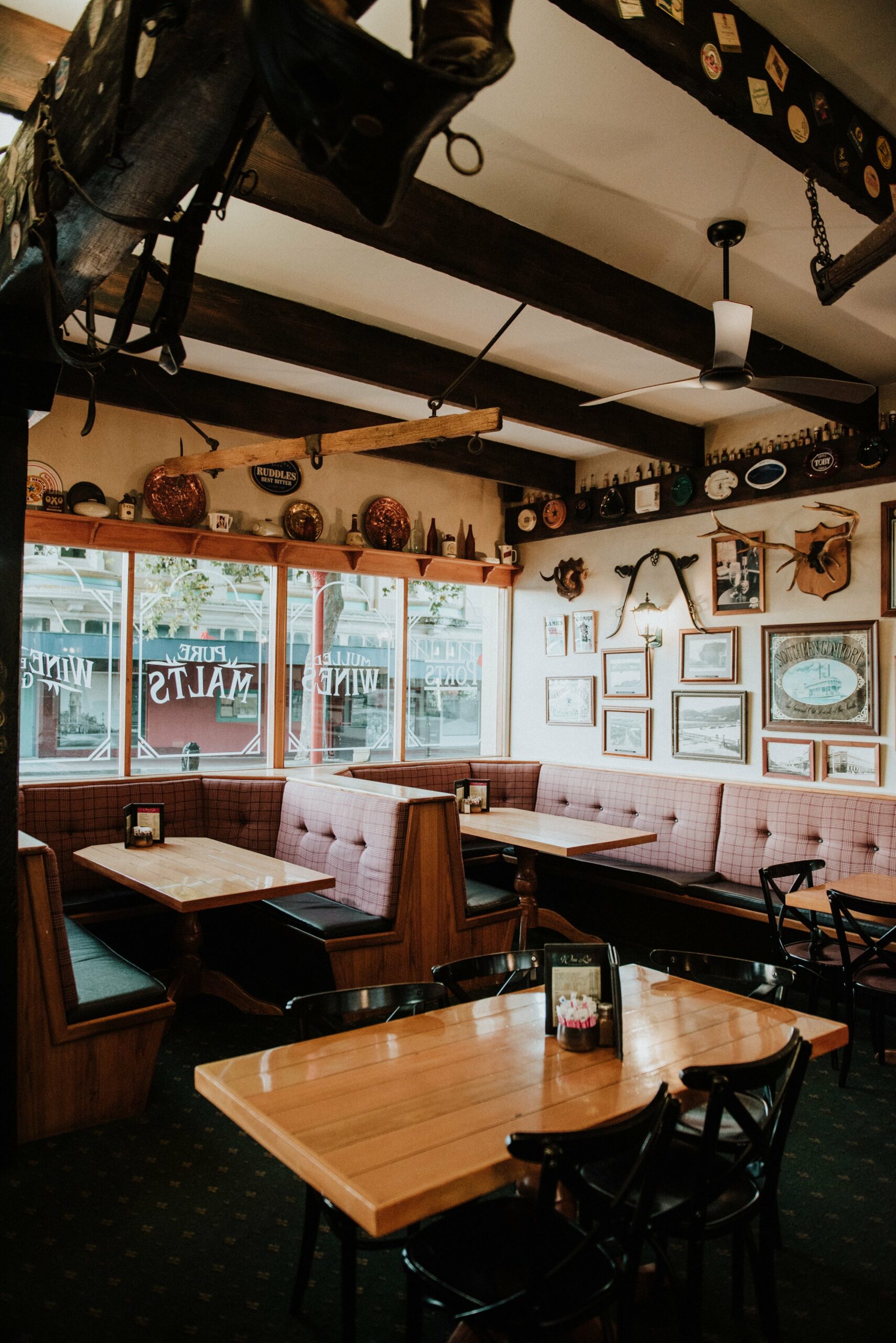 The rustic interior of the Rutland Arms Inn.
