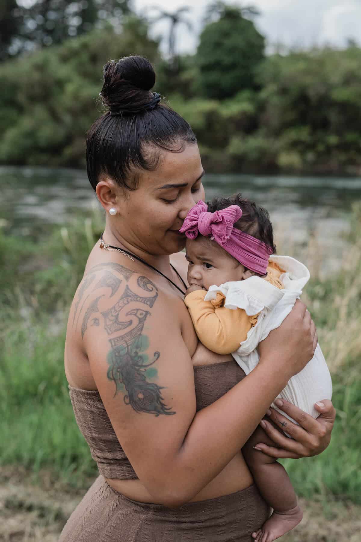 Initially, Taera was hesitant to cuddle Mio after she was born, worried she’d get too attached or that Jasmin and Storm would think she’d change her mind about their whāngai agreement. “Living together made it so much easier to grieve the separation. And then knowing, too, that it’s not a loss because we still live together. We still see each other. If I want a cuddle, I can have a cuddle,” Taera says.