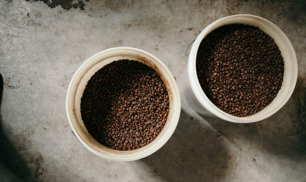 Buckets of coffee beans