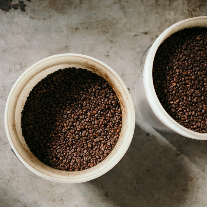 Buckets of coffee beans