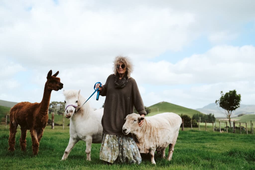 Woman with alpacas, a sheep and a miniature pony