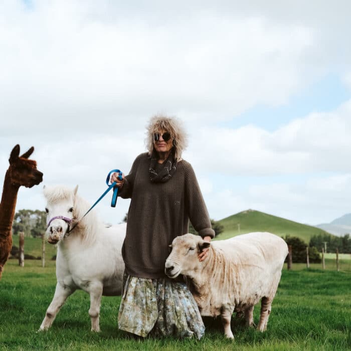 Woman with alpacas, a sheep and a miniature pony
