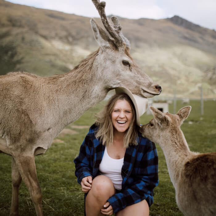 Women kneeling between two deer laughs as they knock her hat off.