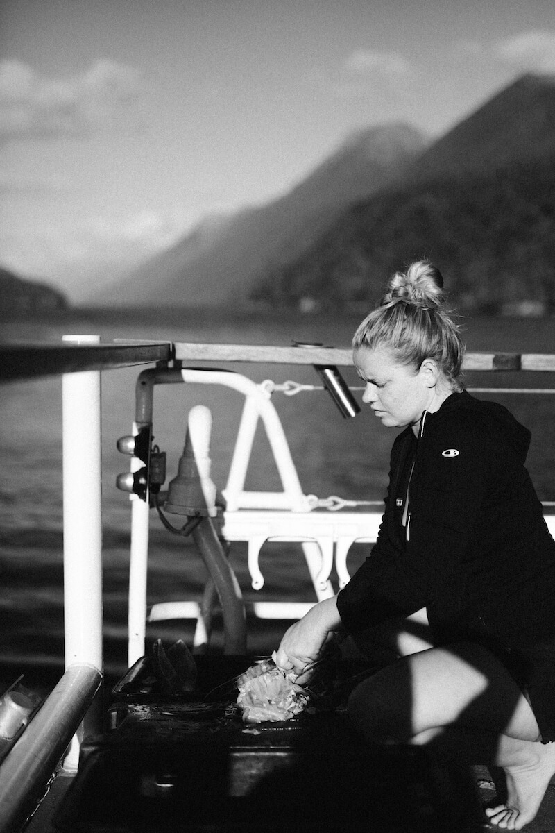 Ingrid Kregting, one of the Pure Salt crew, is the professional chef aboard the MV Flightless. She uses whatever is gathered to prepare fresh, delicious meals.