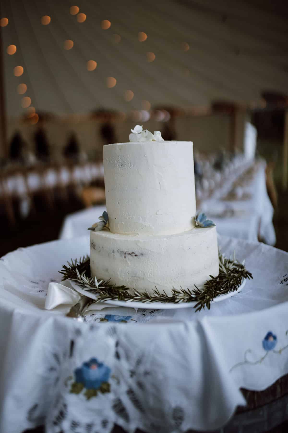 Wedding cake on a table.