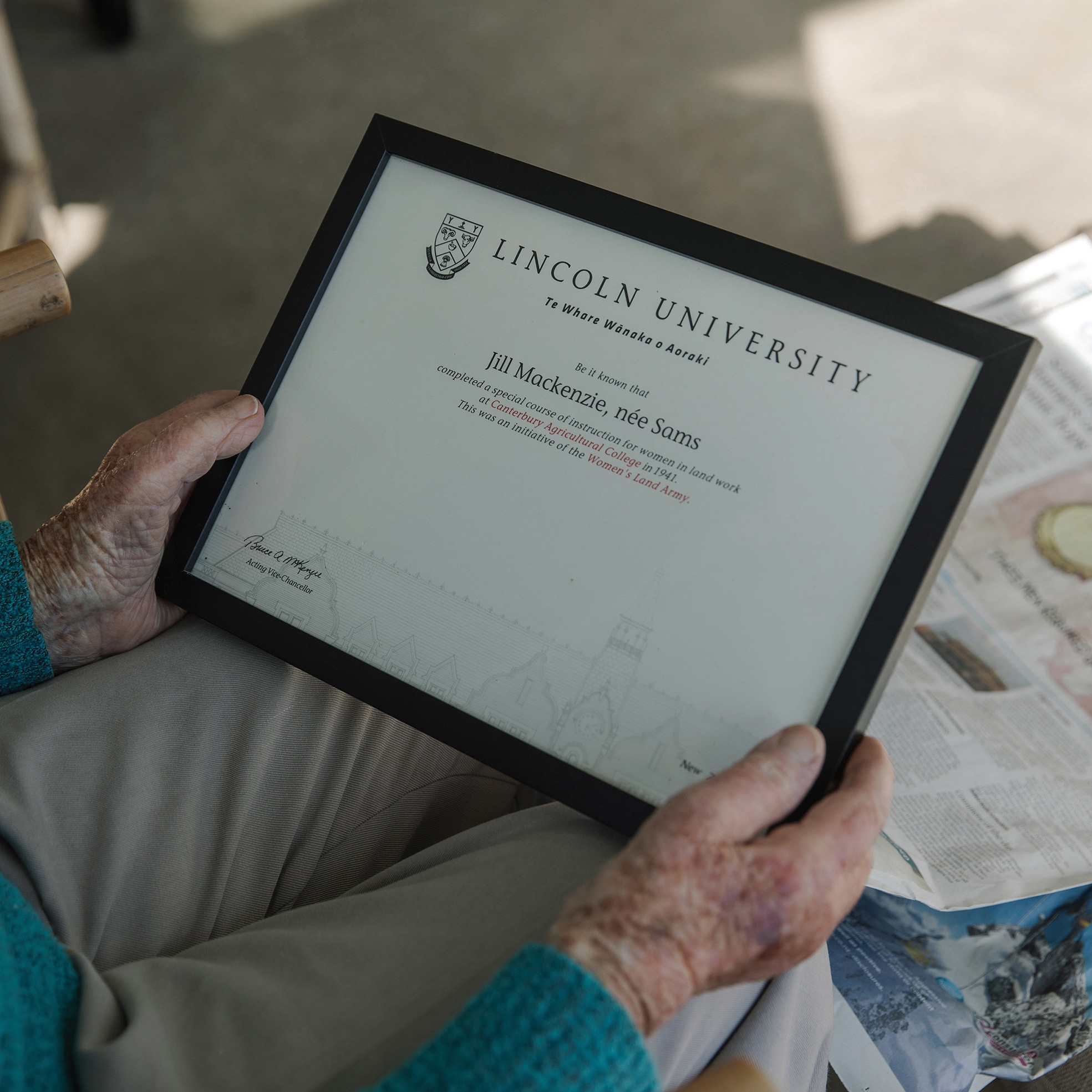 Jill with her certificate 
from Lincoln University, which was awarded 
in 2021 in recognition of her 1941 course 
completion. She is believed to be their oldest  living former student.