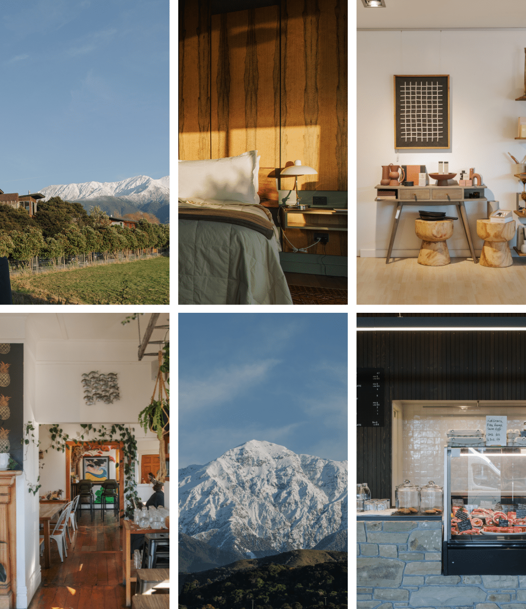 Top left and top middle. Hāpuku Lodge. Top right. Addy and Lou store. Bottom left. The Beach House Cafe. Bottom middle. The Kaikōura Ranges, as
viewed from Hāpuku Lodge. Bottom right. Middlehurst Station Farm Store.