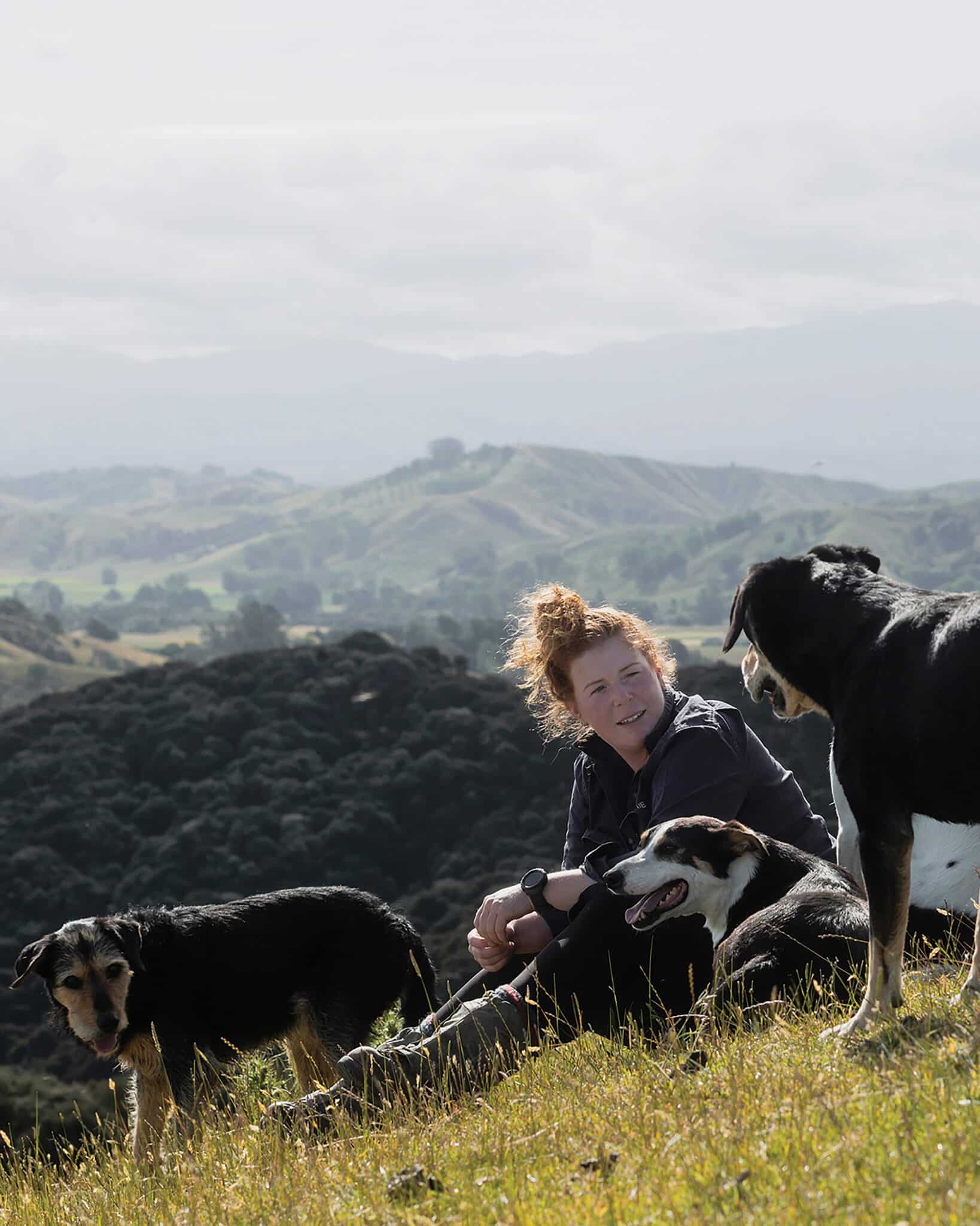 Above. Lara with her dogs. “They’re my mates I work with every day – they’re family. I’ve had most of them since they were either pups or very young and impressionable. I love the quiet nature of my heading dogs, the ease of moving stock with silent eyes – or eye, in Gail’s case, bless her – but also love a clever huntaway for tricky bush. My dogs are bred with meaning – I know their lines, and they’re from people who have helped me break them in and supported me and my career,” says Lara. 