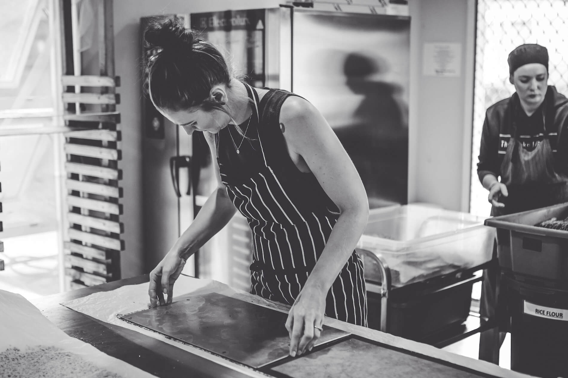 “At first, I was baking out of the kitchen in the house. I was carrying extra ovens in and rolling crackers on every surface. I was making bread in a huge sixty-litre bucket. The Kenwood mixer had burnt out, and so I had bought a paint stirrer that I sterilised and attached to a drill. I was standing on the kitchen bench making bread and it was just getting out of hand. So I moved out into the guesthouse. Every day I got more orders; it just kept growing.”