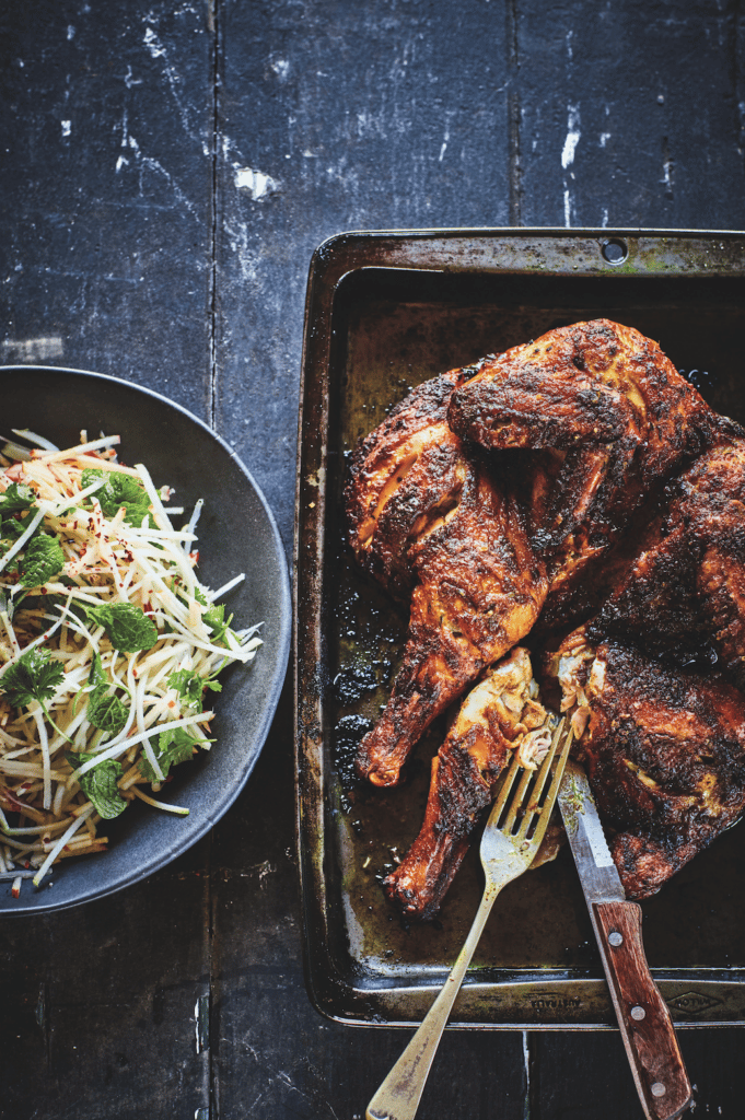 Butterflied Spiced Chicken with Kohlrabi Apple Slaw