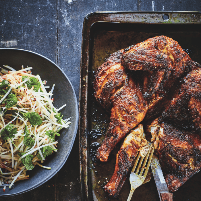 Butterflied Spiced Chicken with Kohlrabi Apple Slaw