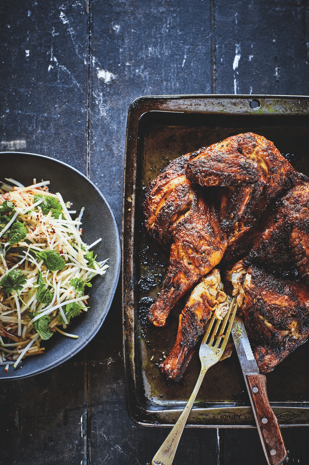 Butterflied Spiced Chicken with Kohlrabi Apple Slaw