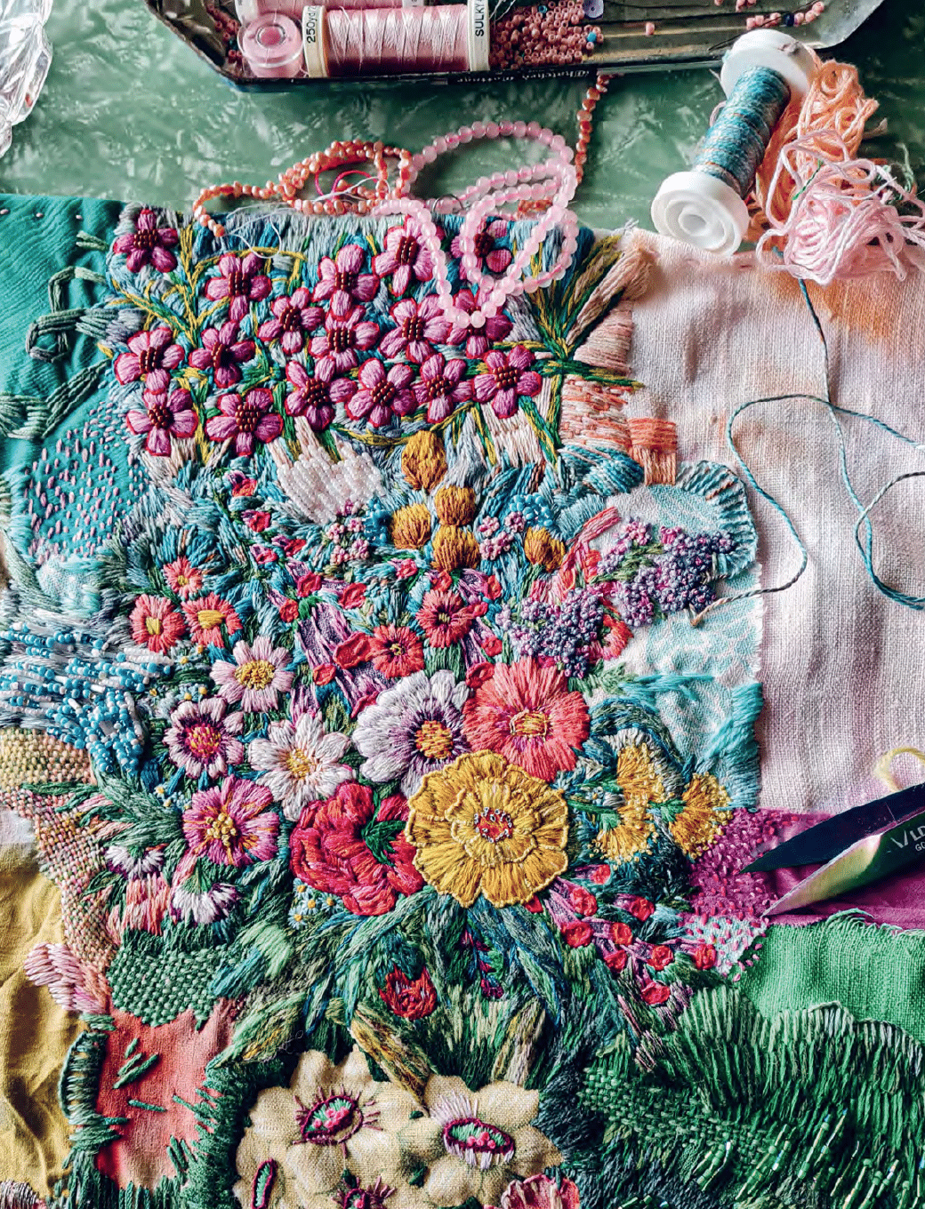 Allowing the work to bloom outwards, inspired by the base fabrics of the textile collage. “Joy, by definition, means to experience pleasure or delight,” Fleur says. “It isn’t one big dance party with streamers and endless disco balls. It isn’t a permanently heightened state of bliss. It is simpler, more humble. It is the life-changing sense of wellbeing that you experience when you do something you love.”