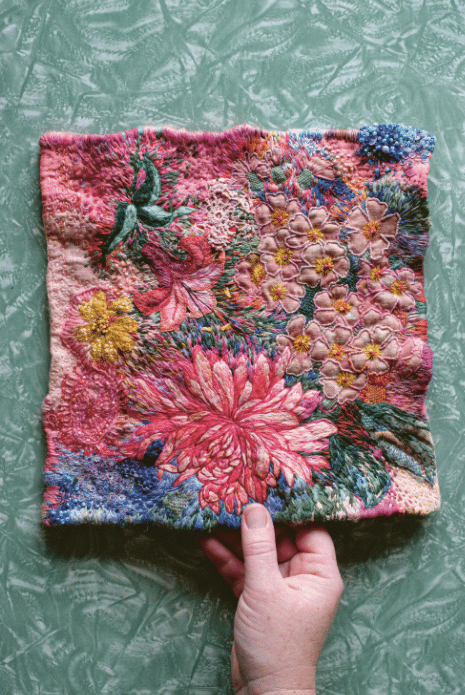 Joy Journey, 2022. “I adore how the back naturally becomes an abstract version of the front, both beautiful in their own ways. If you subscribe to the idea that it matters what the back of your embroidery looks like, I am here to tell you that it very rarely does. I like to say it’s nobody’s business what’s happening at the back,” Fleur says. 
