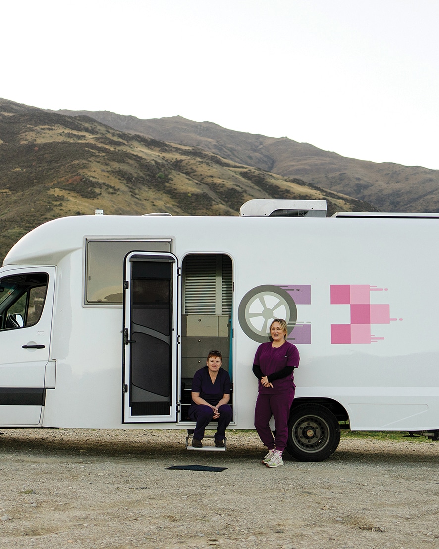 “Where we go depends on the need. Waikaia in the West Otago hills is one of the more remote places we’ve been, and we’ve also been to Tūātapere,” says Helen (left). “In any location we’ll 
be seeing a maximum of around ten because we don’t want to be rushing these things – we want to be taking the time to really look after people.” 