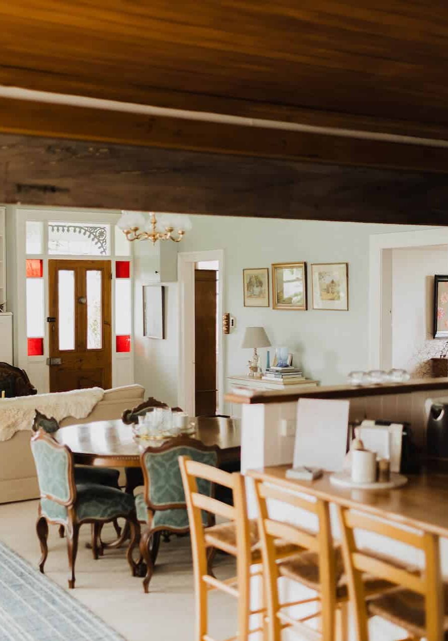 Lounge and kitchen of an elegant, old, family farmhouse