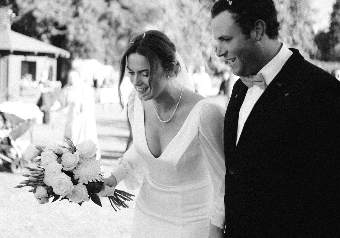 B&W image of a newlywed couple.