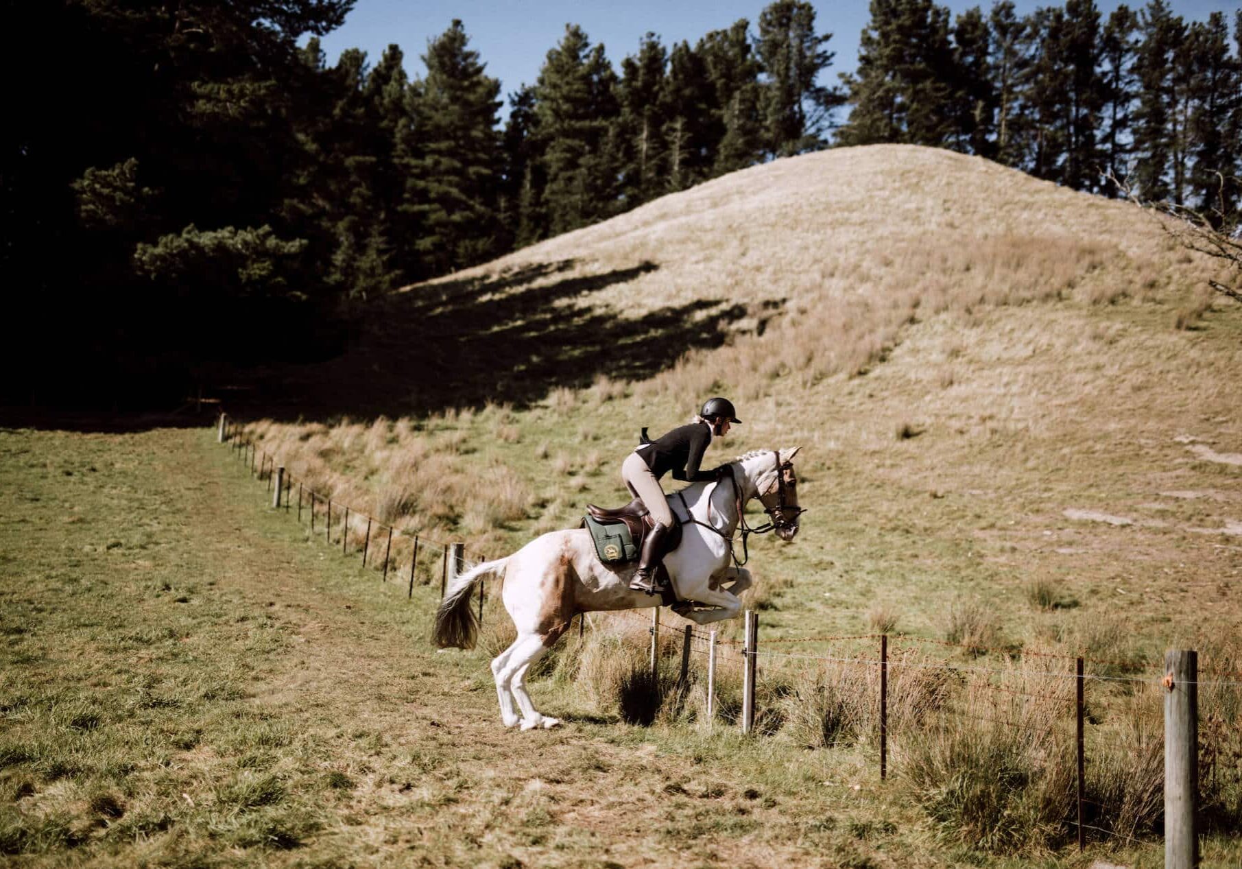 Woman on a horse, jumping a fence