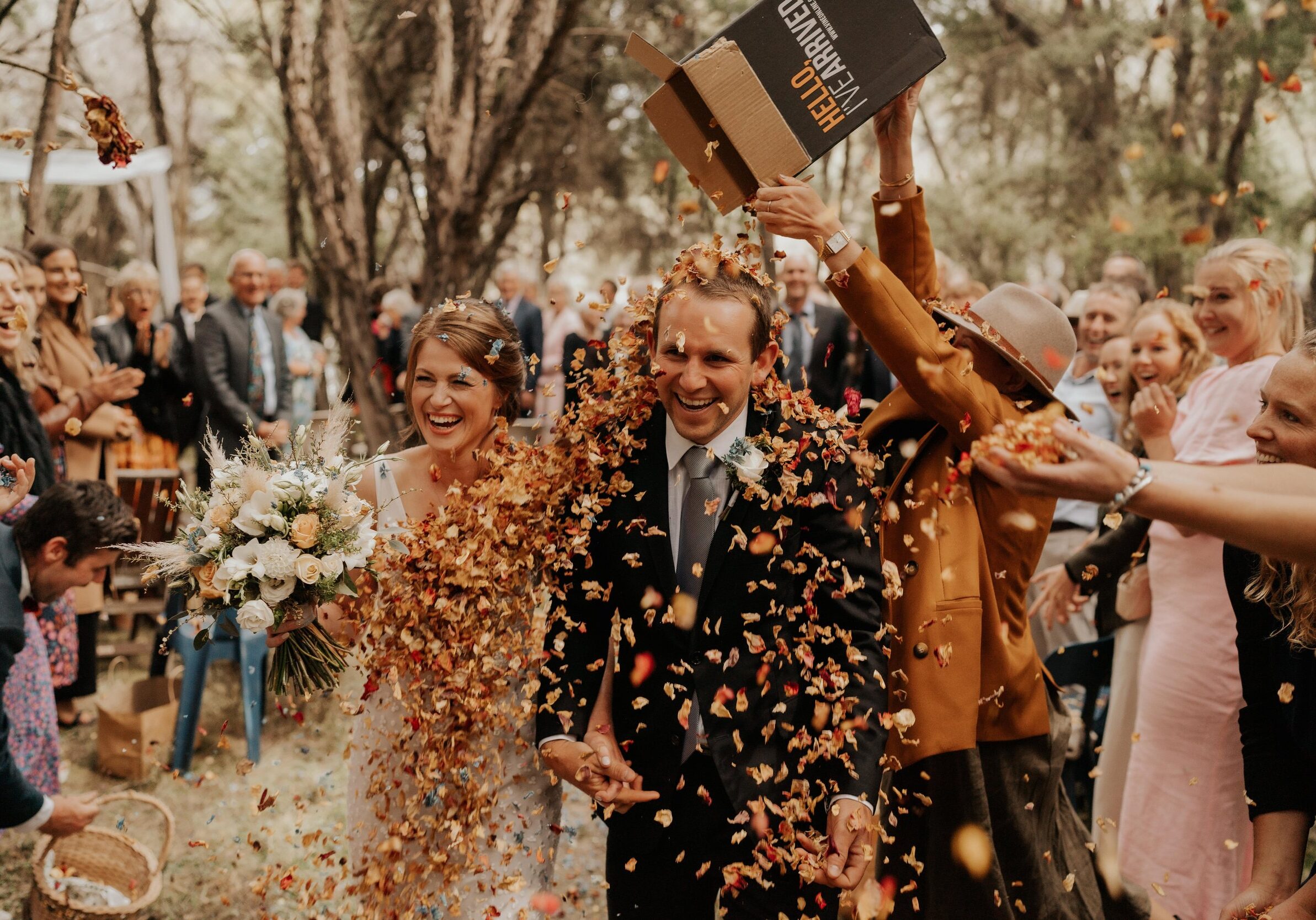 "We wanted biodegradable confetti so we could leave the mānuka trees how we found them. We used dried petals from our garden. The petals were coloured, so that made them look more like leaves."