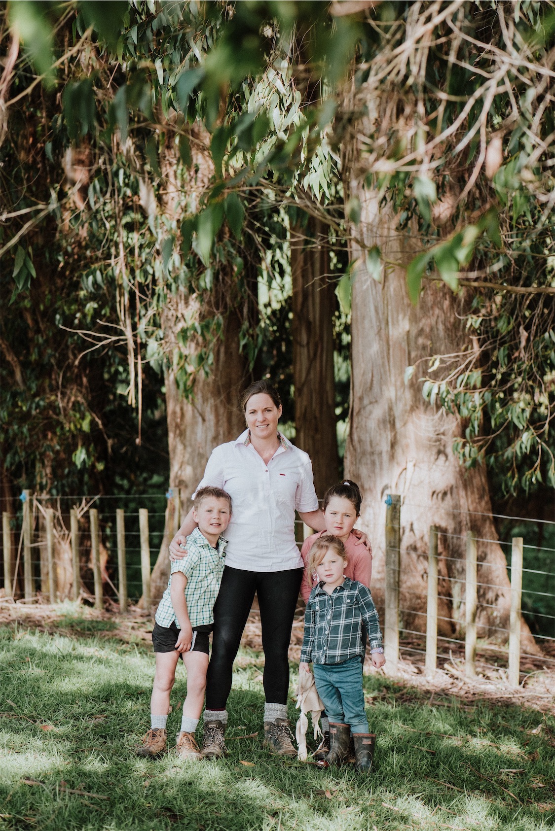 Janelle with her kids, Tim, 5, Ellie, 7, and Millie, 3. “Farmers farm because it’s their passion and livelihood. In most farmers’ ideal world, their children would take over the farm, so talk about it when you’re still active and doing things,” she says.