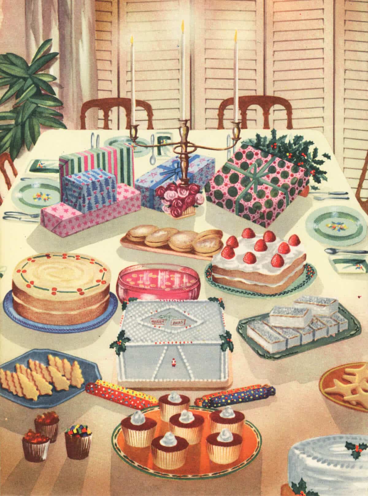 Illustration of festive table setting from the 1955 De Luxe edition of Edmonds Cookery Book.