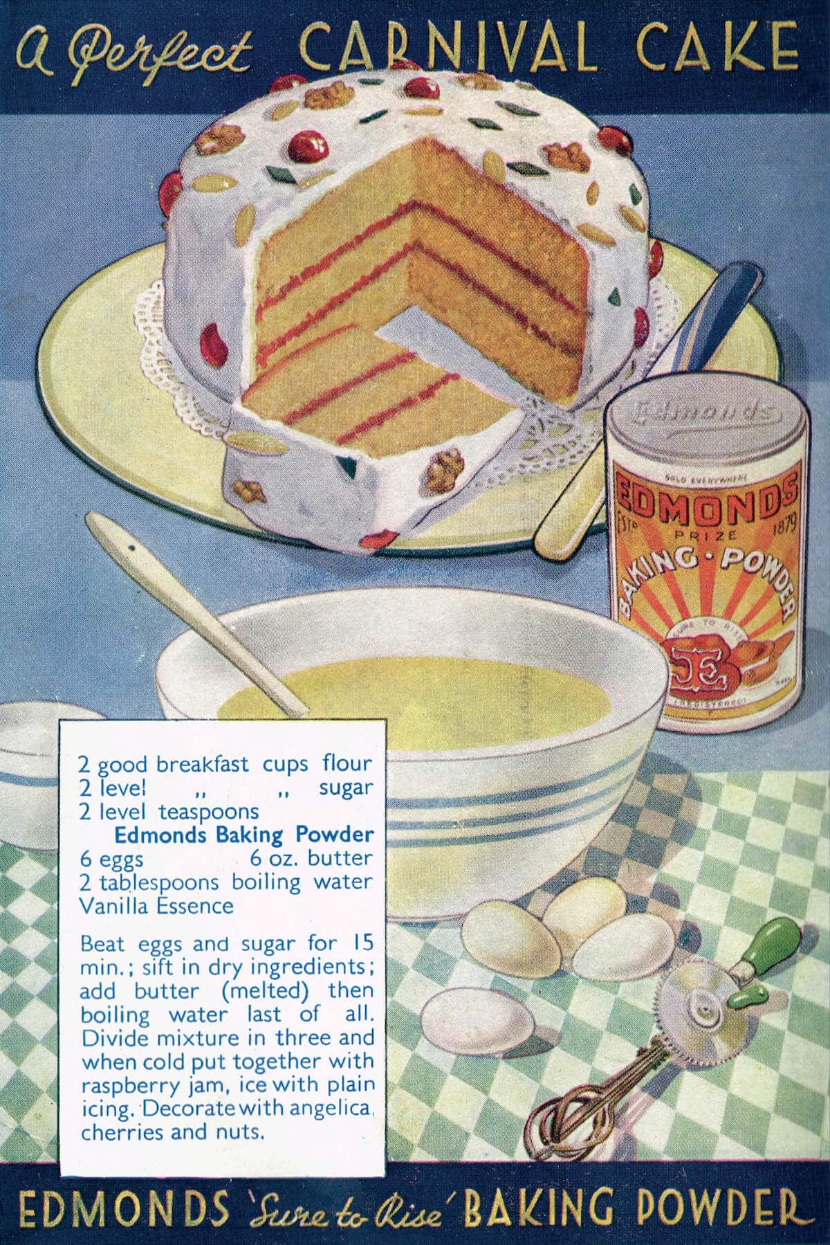 Illustrated recipe for 'Carnival Cake' from a 1936 Edmonds cookery book.
